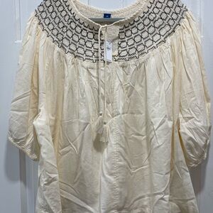 Old Navy Cream Blouse with Black Embroidery